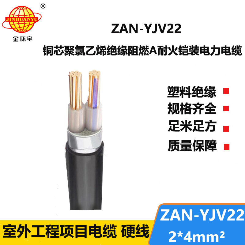 金環(huán)宇電線電纜 阻燃耐火鎧裝電纜ZAN-YJV22-2X4平方 電力電纜yjv